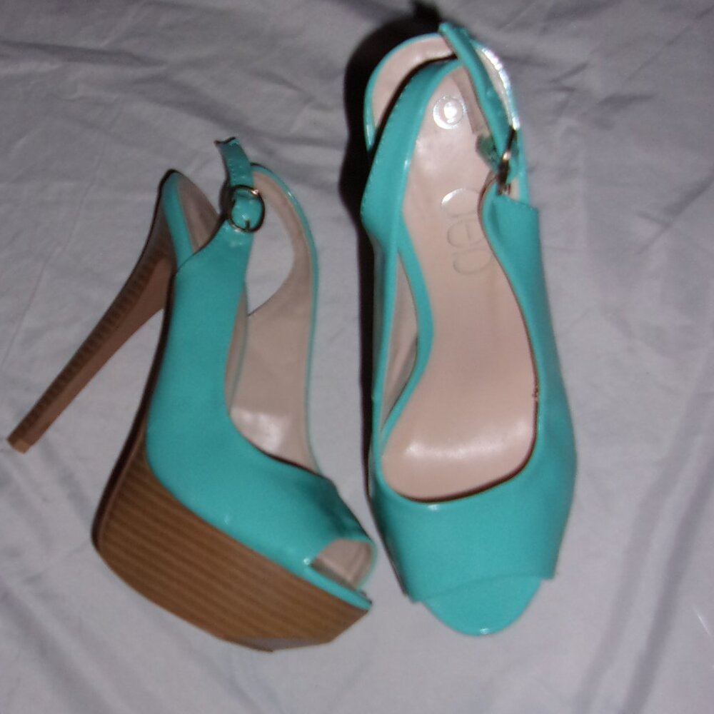 size 6 medium womens high heels shoes teal blue  strap dress wear six